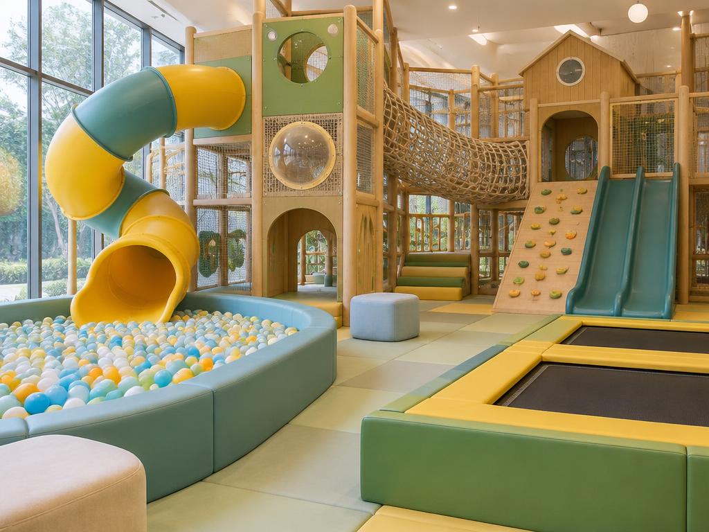 Beispiel-Foto: heller Indoorspielplatz mit Kletterburg, Ballbad und Trampolinen