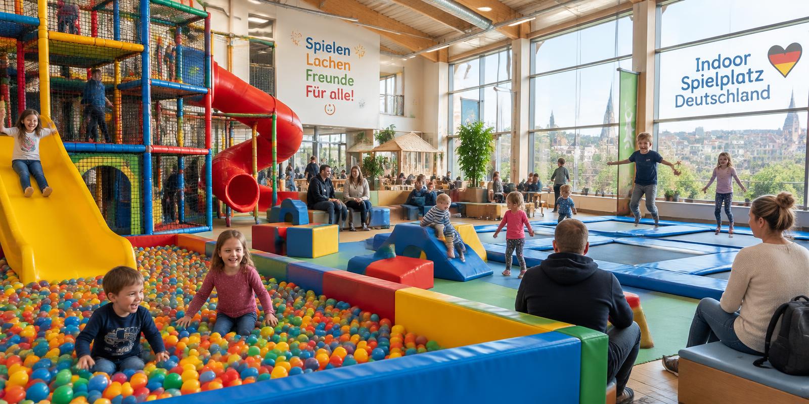 KI-generierte Illustration: Familien in einem hellen Indoorspielplatz mit Rutschen, Bällebad und Trampolinen