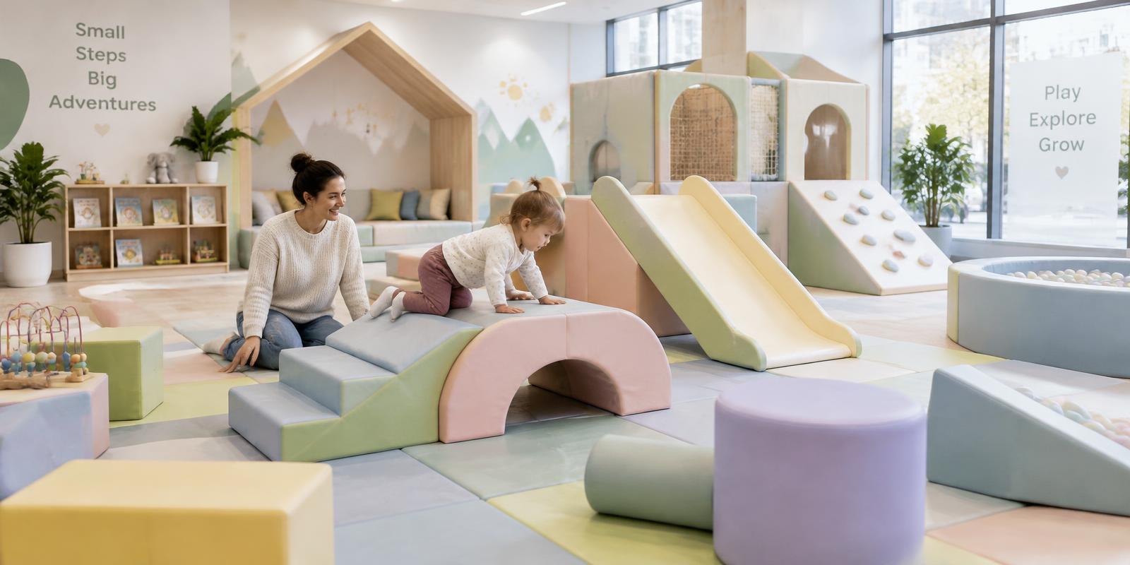 KI-generierte Illustration: Kleinkindbereich in einem Indoorspielplatz mit weichen Schaumstoff-Elementen